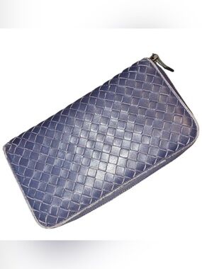 Bottega Veneta Blue Leather Zip Wallet with Gold Zip